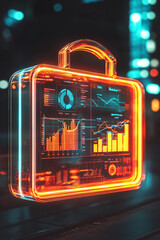 Obraz premium A glowing briefcase icon with data charts representing online job platforms, remote work tools, and professional networking analytics. 