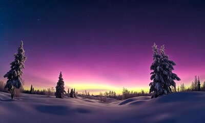 The sky is covered with colorful, dreamlike clouds, surreal and beautiful, showing a rainbow of colors, with a snowy field and some white trees below, a fantastical, cinematic, surreal scene  - Powered by Adobe