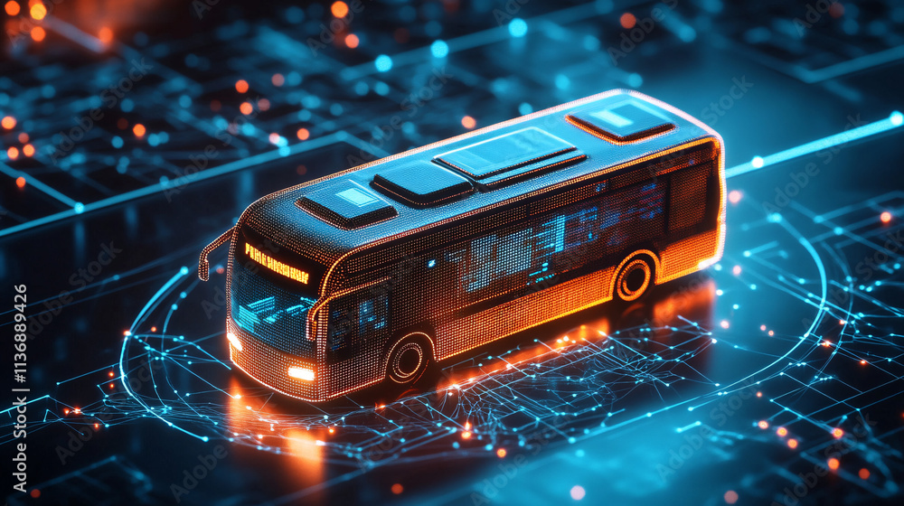 Poster a glowing bus icon with real-time transport data surrounding it, symbolizing online public transit p