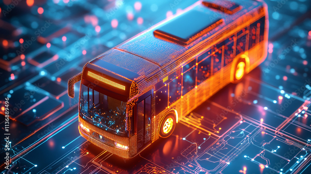 Aufkleber a glowing bus icon with real-time transport data surrounding it, symbolizing online public transit p