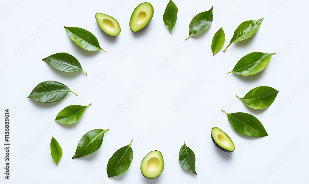 Poster avocado halves and leaves arranged in a circular frame