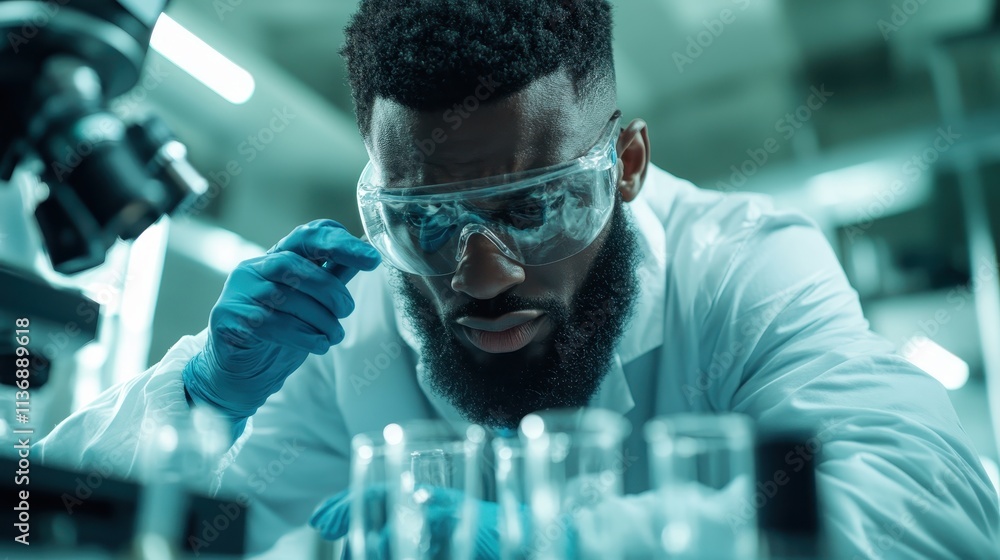Poster a scientist in protective gear intensely focuses on a task within a state-of-the-art laboratory, sho