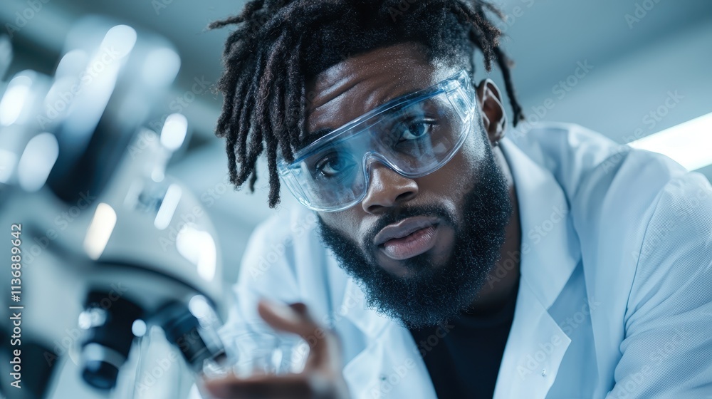 Poster a dedicated scientist with dreadlocks intensely focuses on analyzing samples using advanced tools in