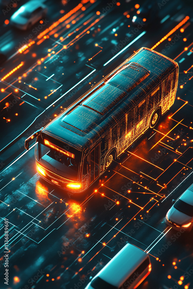 Poster a glowing bus icon with real-time transport data surrounding it, symbolizing online public transit p