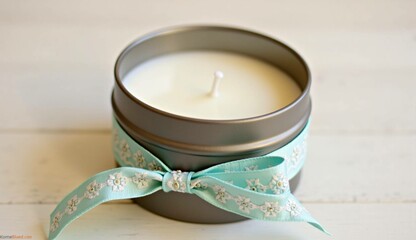 Charming homemade candle in a decorative tin with a ribbon for a cozy atmosphere