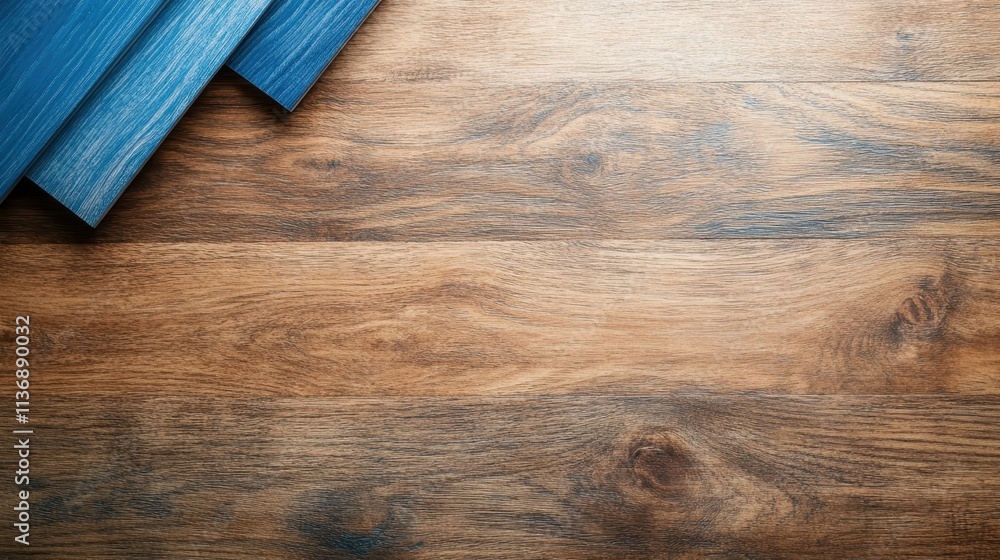 Poster a high-quality image showcasing a wooden surface with a natural grain, highlighted by blue wooden el
