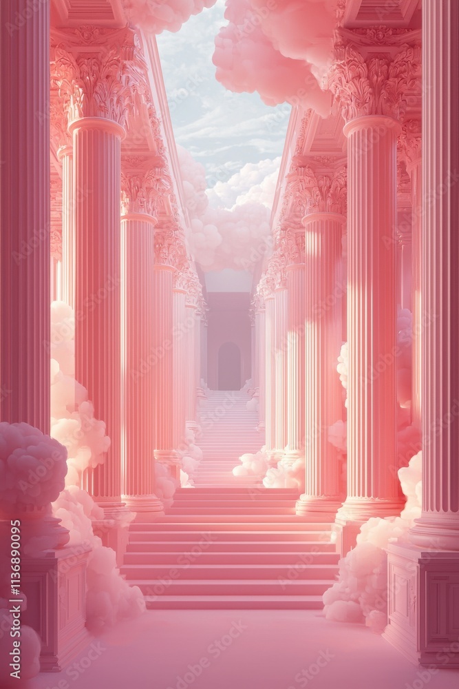 Poster dreamy corridor with pink columns and fluffy clouds in elegant architecture