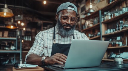Fototapeta premium A man wearing an apron and glasses works on his laptop in a cozy coffee shop setting, suggesting a casual and comfortable workplace environment for creative tasks.