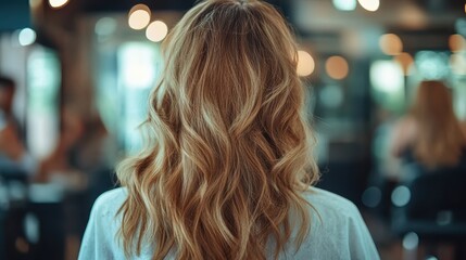 A woman is seen from behind, showcasing her wavy, voluminous hair in an elegant salon setting, surrounded by a warm ambiance that highlights style and sophistication.