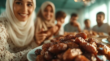 A smiling group relishes a meal featuring dates and laughter around the table, embodying happiness, sharing, cultural richness, and lively togetherness in dining.
