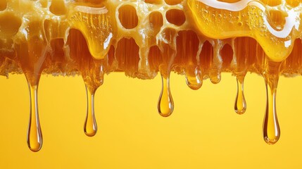 Close-up of Honey Dripping with Honeycomb on Yellow Background.
