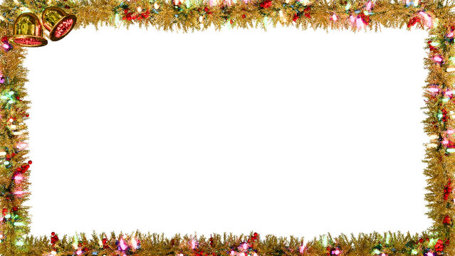 Christmas golden rectangle frame with golden pine leaves and branch and xmas LED lights, golden bells and many holly red fruits on snowy background created by 3D reder transparent png file.