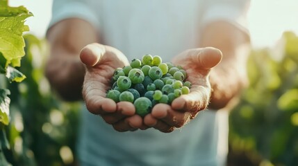 A handful of unripe green blueberries is presented by hands against a sunny backdrop of a vineyard, representing organic growth and natural farming practices.