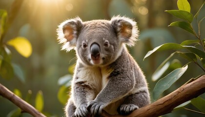 Naklejka premium A charming koala sits calmly on a tree branch, surrounded by vibrant green foliage and warm light, showcasing its adorable features in a peaceful forest setting