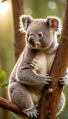 A close-up of a koala with fluffy ears and bright eyes perched on a branch, framed by leaves, glowing softly in warm sunlight of a tranquil forest