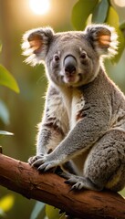 Fototapeta premium A close-up of a koala with fluffy ears and bright eyes perched on a branch, framed by leaves, glowing softly in warm sunlight of a tranquil forest