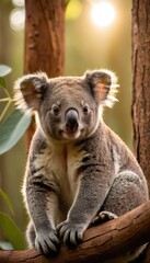 Obraz premium A curious koala clings to a tree branch, surrounded by lush green eucalyptus leaves, bathed in soft golden sunlight, creating a serene and natural atmosphere