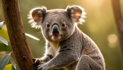 A curious koala clings to a tree branch, surrounded by lush green eucalyptus leaves, bathed in soft golden sunlight, creating a serene and natural atmosphere