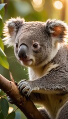 Fototapeta premium A close-up of a koala with fluffy ears and bright eyes perched on a branch, framed by leaves, glowing softly in warm sunlight of a tranquil forest