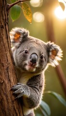 Obraz premium A curious koala clings to a tree branch, surrounded by lush green eucalyptus leaves, bathed in soft golden sunlight, creating a serene and natural atmosphere