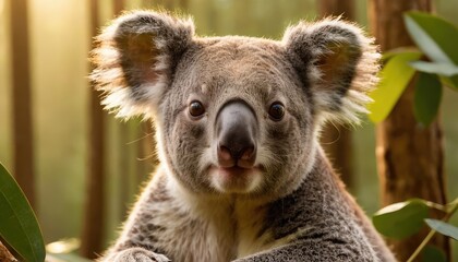 Obraz premium A curious koala clings to a tree branch, surrounded by lush green eucalyptus leaves, bathed in soft golden sunlight, creating a serene and natural atmosphere