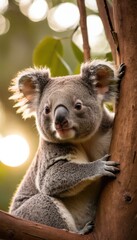 A curious koala clings to a tree branch, surrounded by lush green eucalyptus leaves, bathed in soft golden sunlight, creating a serene and natural atmosphere