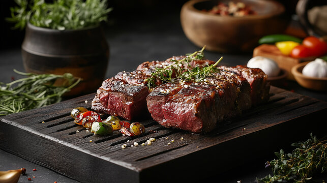 Tradicional churrasco brasileiro. Picanha assada sobre uma t&aacute;bua de corte em  madeira r&uacute;stica