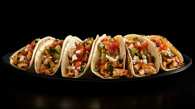 Composi&ccedil;&atilde;o de tacos mexicanos com carne, tomate, abacate, pimenta e cebola em um prato preto e fundo preto.