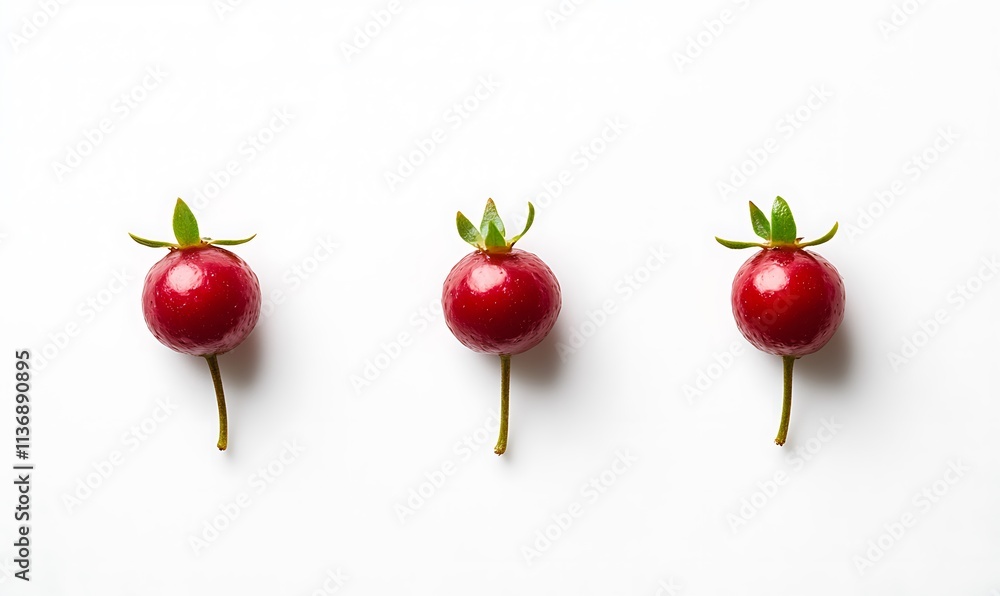 Poster three red berries arranged in a row on white background