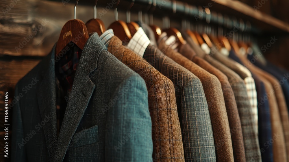 Poster textured suits are arrayed on hangers in a rustic setting, reflecting sophisticated taste, texture d