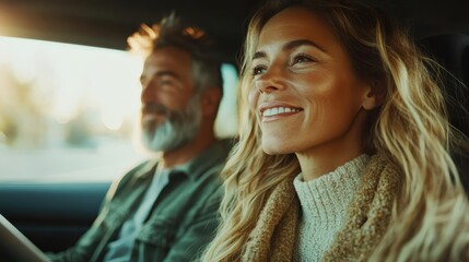 A couple rides together in a car, basking in pleasant sunlight, smiles on their faces, capturing a moment of tranquility and companionship.