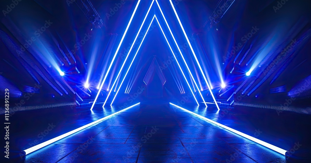 Poster a futuristic scene with blue neon lights creating a triangular pattern in a dark space.