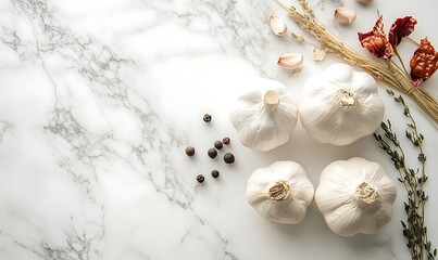 Garlic Bulbs Herbs and Spices on Marble