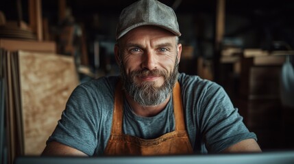 A friendly craftsman in denim attire and a cap smiles warmly, seated in his wooden workshop, embodying skill, dedication, and pride in traditional craftsmanship.