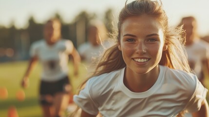 A female athlete with a determined expression runs with a soccer ball during a practice session, reflecting themes of ambition and athleticism.