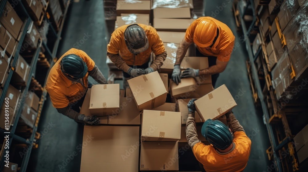 Poster five warehouse workers in uniforms and helmets are managing inventory tasks efficiently. they're eng