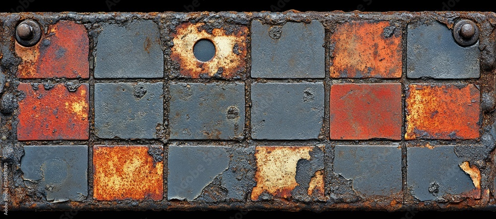 Poster a weathered, rusty panel with colorful tiles, showcasing textures and decay.