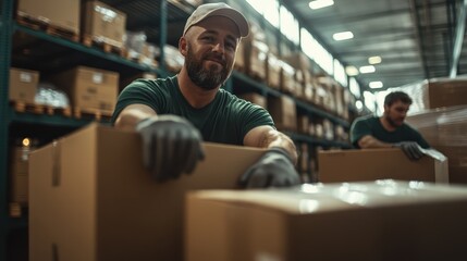 Two warehouse staff members in uniform are meticulously organizing stacks of cardboard boxes, their expressions reflecting focus and dedication to their inventory duties.