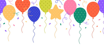 Horizontal frame with balloons, serpentine and confetti. Background with colorful flying baloons. Holiday design. Template for banner, greeting card. Vector flat illustration on white background © Alina