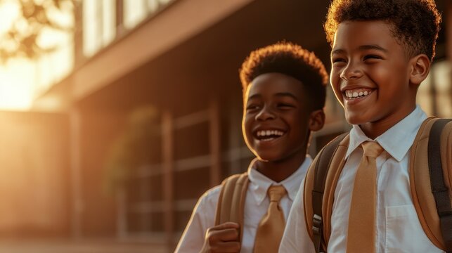 Two boys, smiling broadly in white shirts and ties, express excitement and happiness against a sunlit school backdrop, showcasing youthful exuberance of school life.