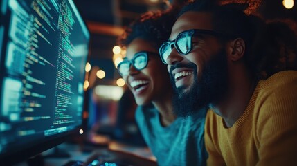 A joyful duo works together at illuminated computer screens, engaging in coding activities with an inspiring future-oriented atmosphere and bright smiles.