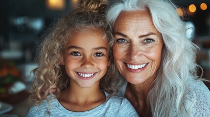Fototapeta premium An elderly woman with stunning grey hair smiles affectionately with her happy granddaughter, capturing a moment of heartfelt family joy and love in an intimate setting.