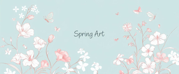Spring season on green watercolor background. Hand drawn floral and insect wallpaper with pink wild flowers and group of butterflies. Line art graphic design for banner, cover, decoration, poster. 