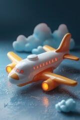 Colorful 3D rendering of a cute cartoon airplane with soft clouds