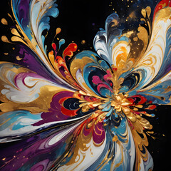 Vibrant abstract flower with golden accents in colorful swirling patterns and dynamic gradient background, digital art style