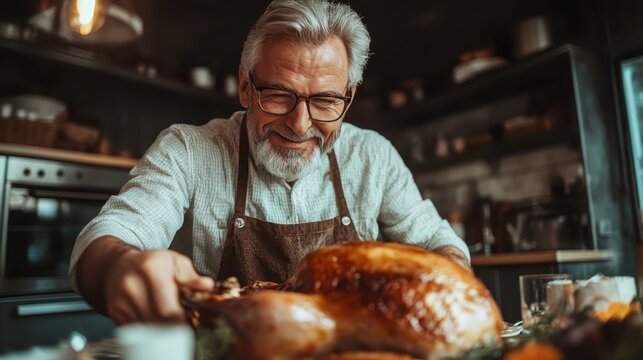 An elderly man carves a perfectly roasted Thanksgiving turkey with a delighted expression, embodying familial warmth and the joy of tradition in a cozy setting.