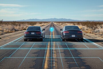 Obraz premium Futuristic cars demonstrating cutting-edge autonomous driving on a desert highway