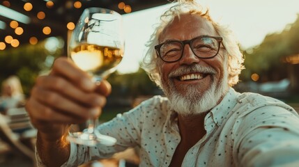 A joyful older man wearing glasses raises a glass of white wine in a celebratory mood, enjoying an outdoor gathering under twinkling lights.