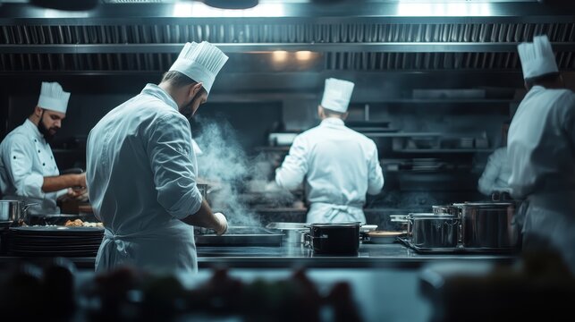 Chefs, focused and skillful, work together in a professional kitchen, creating gourmet dishes, surrounded by steam and an array of culinary tools and ingredients.