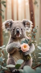 A cute koala clutching a bouquet of fresh roses stands amidst pastel flowers and sunlight, creating a serene, fairytale-like atmosphere in the forest